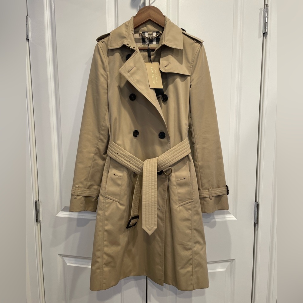 Burberry Kensington Long Cotton Trench Honey US 2 NWT